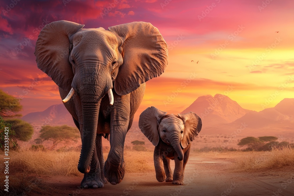 Fototapeta premium A Baby Elephant Joyfully Walking Close to Its Mother in a Beautiful Lush Landscape at Sunset with Majestic Mountains in the Background