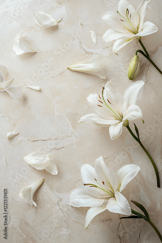 Elegant white lilies arranged on a marble surface. Delicate petals and stems create a serene, peaceful atmosphere.