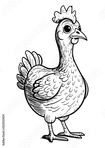 hen outline illustration, isolated on white background, top view.Farm Chicken Art.Minimalist Chicken Outline Design Illustration.