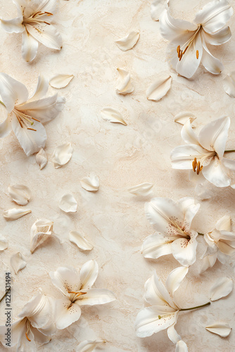 Elegant cream lilies and petals arranged on a textured beige background. Perfect for wedding invitations or other delicate designs.