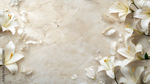 Elegant white lilies and petals arranged on a beige marble background. Perfect for sympathy cards or peaceful imagery.