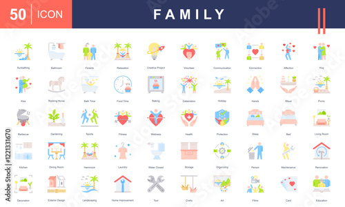 Icons representing Family life, including activities like relaxation, communication, celebration, health, home improvement, and family bonding. Perfect for projects focused on family and well-being.