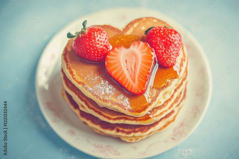 Delicious pancakes topped with strawberries and syrup, perfect for a romantic Valentine's Day breakfast. Delicious pancakes topped with strawberries and syrup, perfect for a romantic Valentine's Day breakfast.