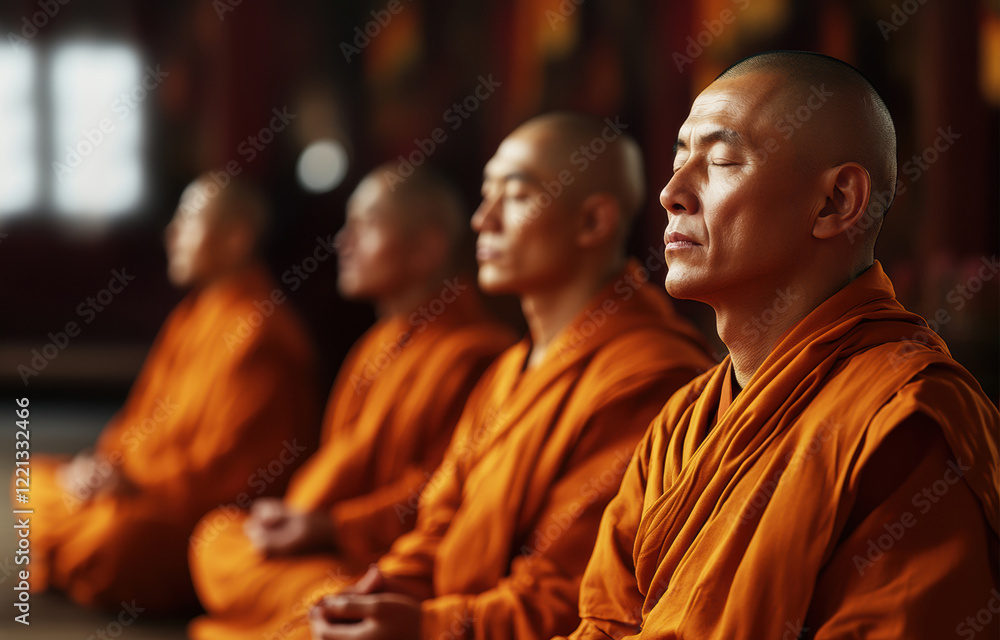 Buddhist Monks in Meditation: A serene and contemplative image of four Buddhist monks, clad in saffron robes, sitting in meditation, their eyes closed and faces radiating peace and tranquility. Buddhist Monks in Meditation: A serene and contemplative image of four Buddhist monks, clad in saffron robes, sitting in meditation, their eyes closed and faces radiating peace and tranquility.