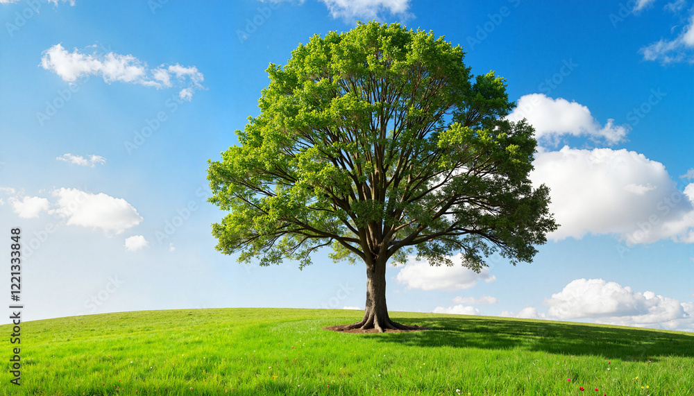Fototapeta premium Majestic tree standing on green hill under blue sky, nature's beauty