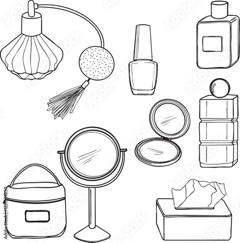 Ensemble miroir flacon trousse vernis à ongle parfum mouchoir salle de bain beauté vecteur trait noir