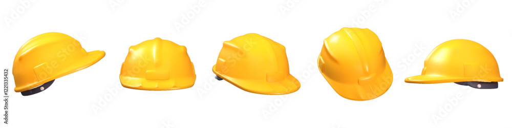 Fototapeta premium Safety helmet. Yellow worker protection. Site work uniform. Engineer hardhat. Builder plastic equipment for construction industry. Professional headwear. Vector isolated objects set