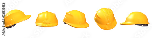 Safety helmet. Yellow worker protection. Site work uniform. Engineer hardhat. Builder plastic equipment for construction industry. Professional headwear. Vector isolated objects set