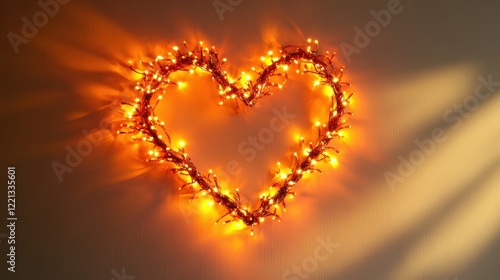 A glowing heart-shaped light illuminates the wall, creating a romantic atmosphere.