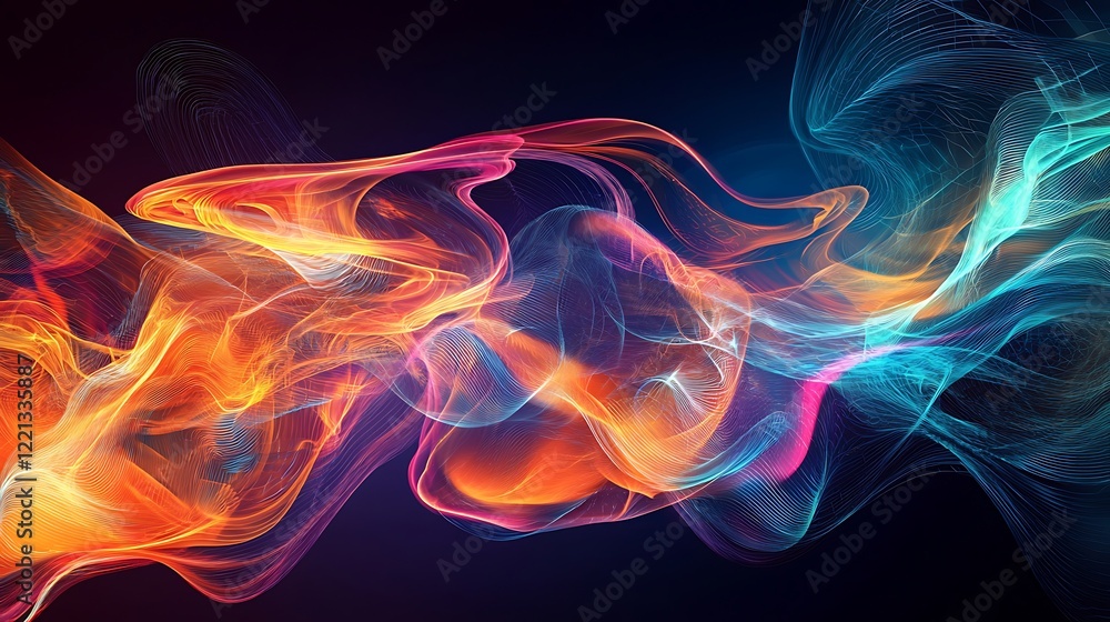 Obraz premium Vibrant neon waves forming an abstract high-tech background with flowing energy