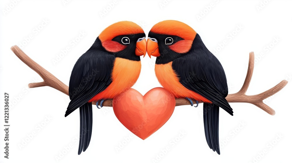 Obraz premium Two vibrant birds sharing a heart on a branch.