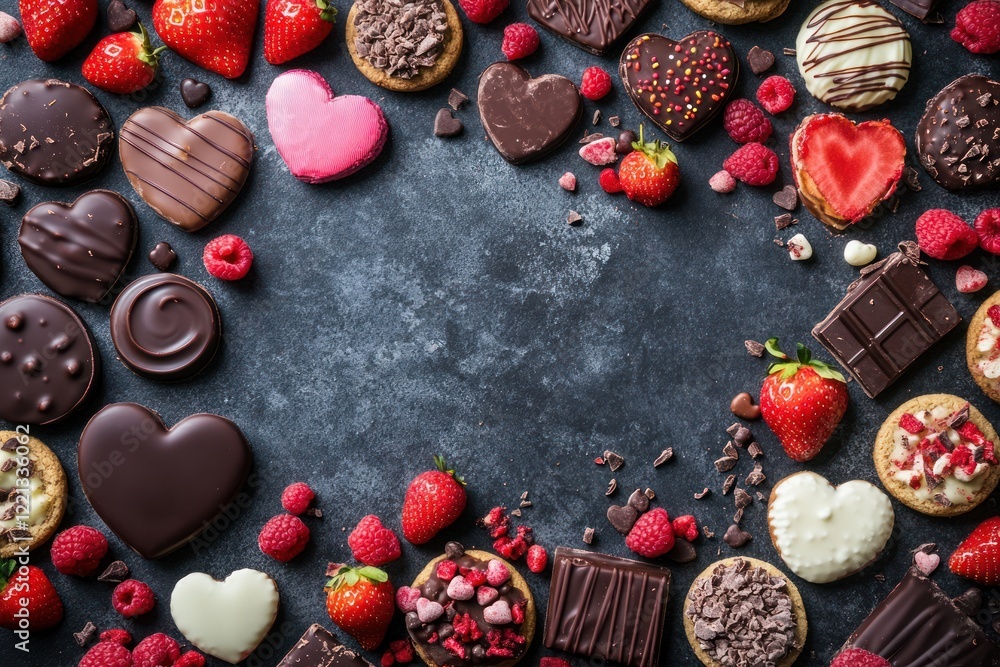 Valentine's Day sweets, chocolate, berries, romantic background, food photography Valentine's Day sweets, chocolate, berries, romantic background, food photography