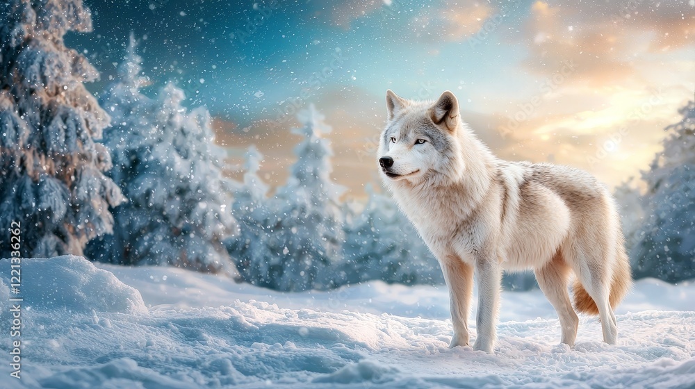 Obraz premium Majestic Wolf Standing in Snowy Landscape with Glistening Fur, Capturing the Serenity of Nature in a Winter Wonderland