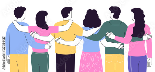 Group of friends. Crowd standing together. Hugging men and women backs. Friendship event banner. Rear community view. People connection. Persons embrace. Happy cuddles. Vector illustration