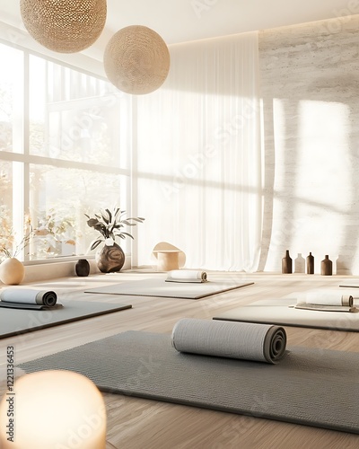 A yoga studio with a lot of natural light and a few plants