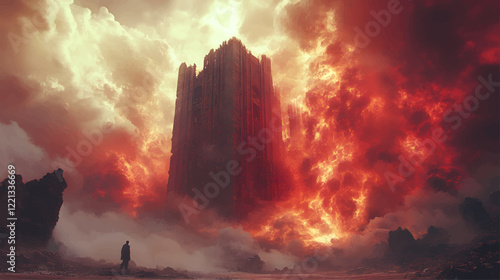 Apocalyptic Dark Tower Engulfed in Fire and Smoke with Lone Wanderer in a Desolate Landscape Under a Fiery Sky