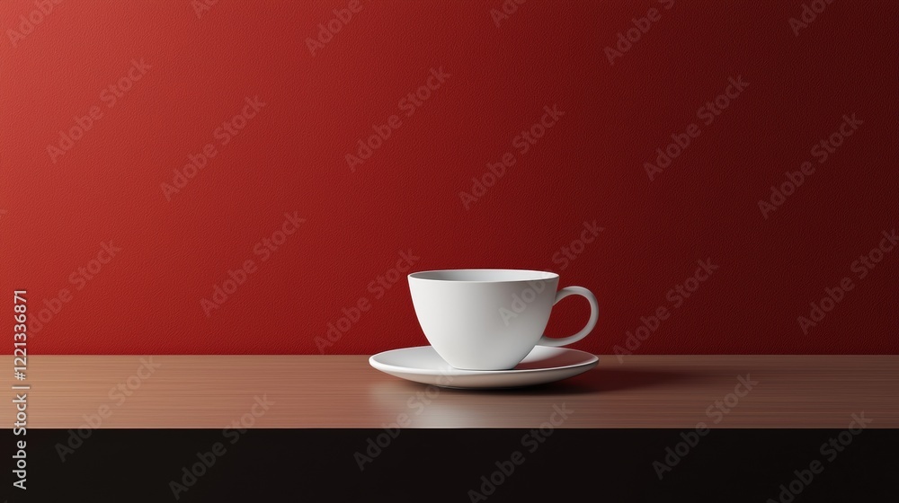 Minimalist red-themed setup with coffee cup on wooden surface Minimalist red-themed setup with coffee cup on wooden surface