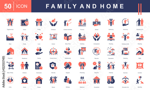 Icons representing Family and Home life, including togetherness, childcare, outdoor activities, nurturing, cooking, family bonding, school, support, and household management. Perfect for family-orient
