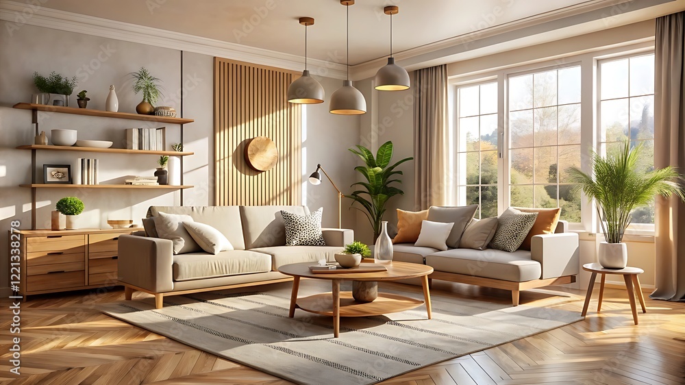 Fototapeta premium Modern interior japandi style design livingroom.