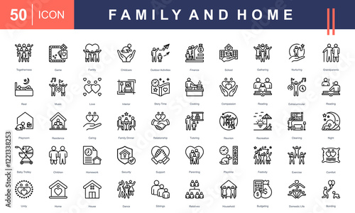 Icons representing Family and Home life, including togetherness, childcare, outdoor activities, nurturing, cooking, family bonding, school, support, and household management. Perfect for family-orient