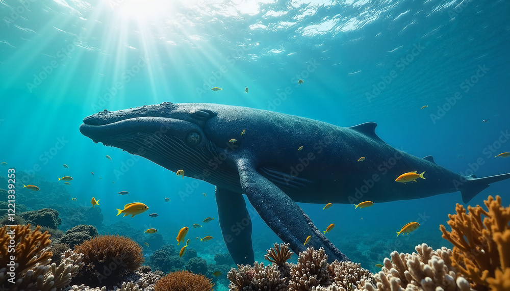 Obraz premium Humpback whale swimming underwater, feeling majestic, surrounded by colorful coral and fish in a vibrant ocean