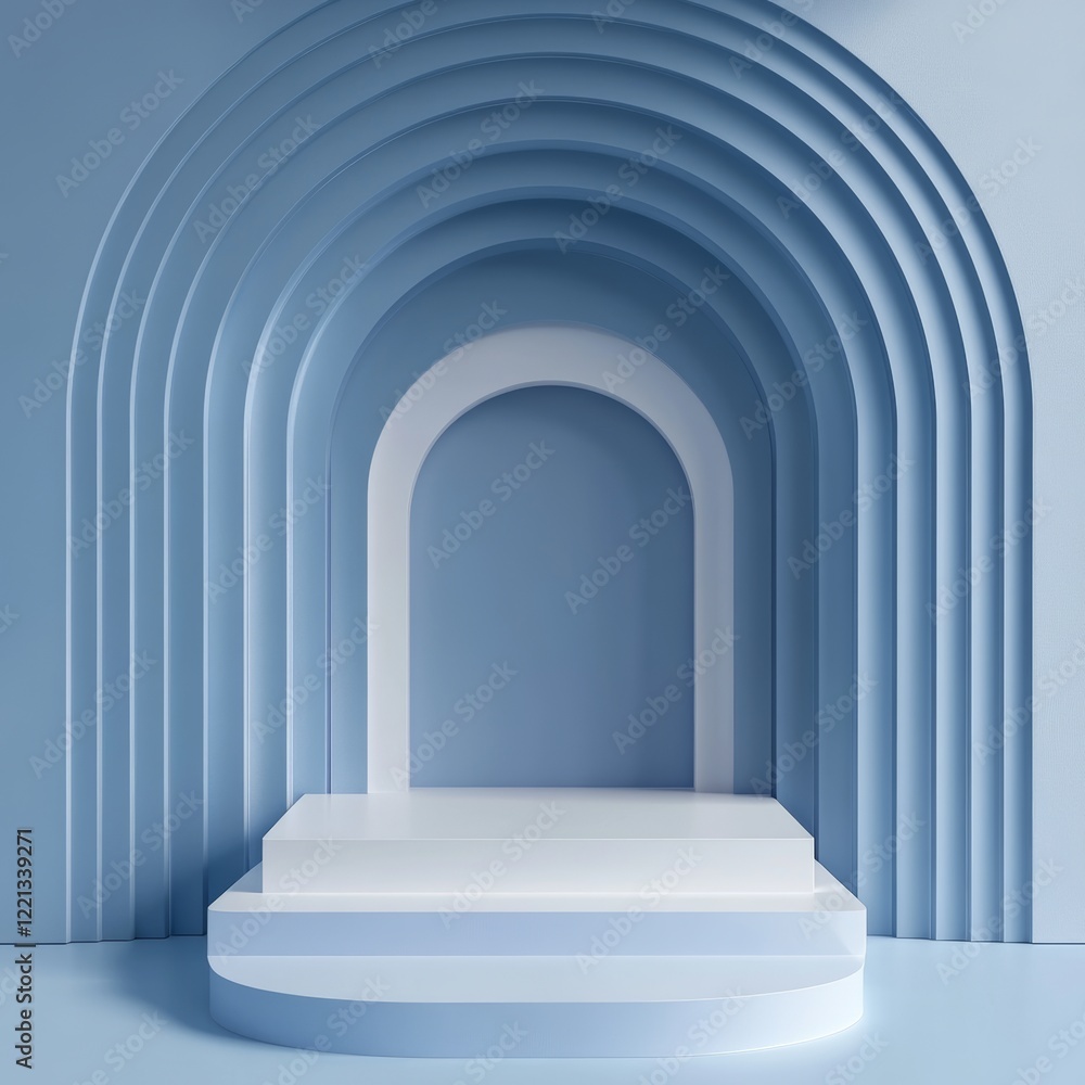 Abstract background with blue arch and round podium. 3d render. Abstract background with blue arch and round podium. 3d render.