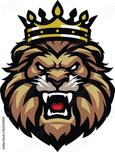 Vector Logo of a Majestic Lion Wearing Golden Crown Roaring Fiercely