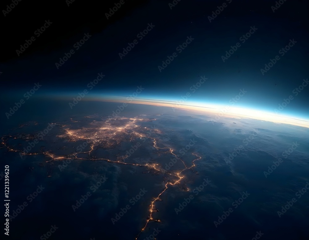 Fototapeta premium Earth horizon from space, orbital view, planet curvature, glowing atmosphere, city lights, nighttime illumination, blue planet, dark space background, celestial photography