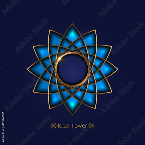 Golden Lotus flower, sacred geometry blue mandala, stylized circular ornament, gold line, floral logo. Flower blossom symbols of yoga, spa, beauty salon, cosmetics, relax, brand style. Vector isolated