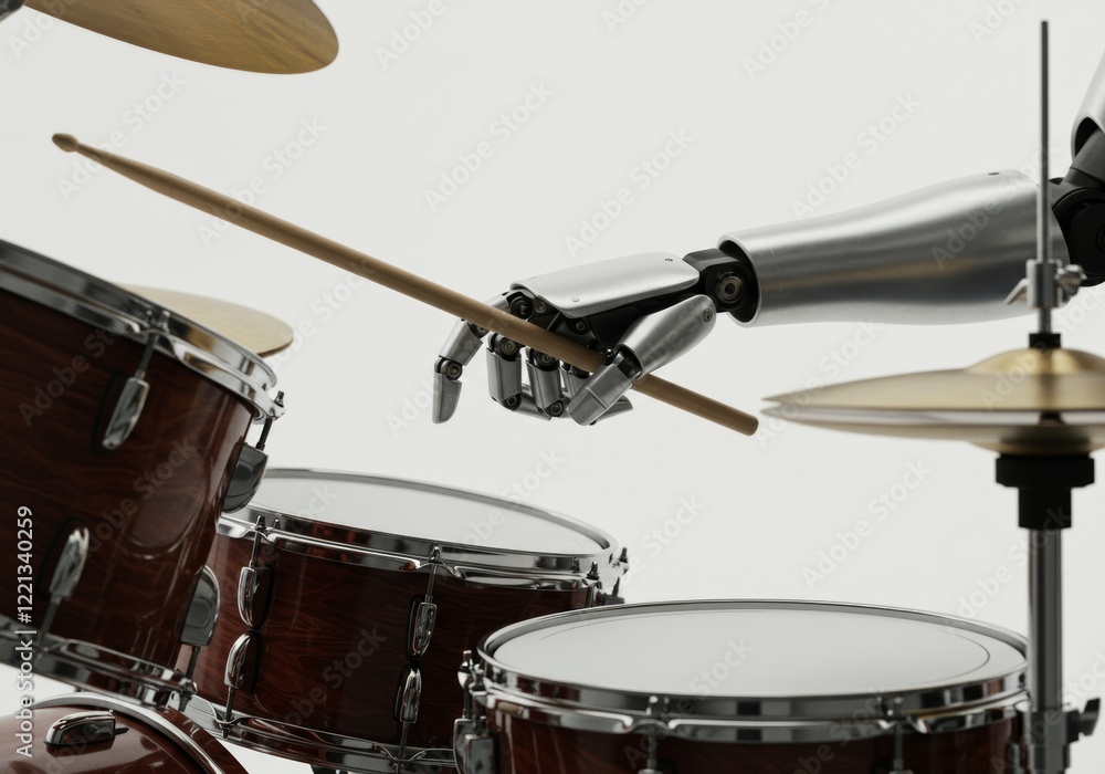 A photograph of a modern silver robot hand playing drums, combining music and technology
A photograph of a modern silver robot hand playing drums, combining music and technology