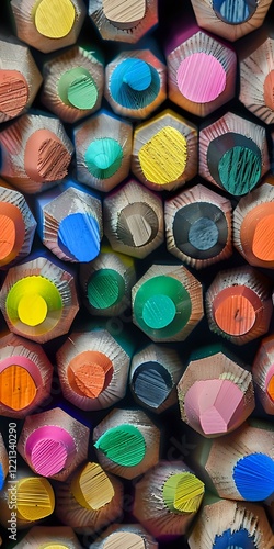 Colorful macro view of pencil ends arranged in a tight pattern, showcasing vibrant tips in yellow, blue, pink, green, and orange hues. Perfect for education, creativity, or artistic design backgrounds photo