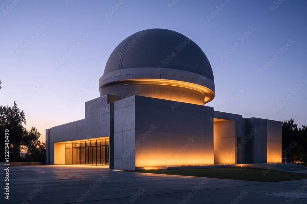 Fototapeta premium A modern observatory with sleek concrete walls, a spherical dome, and subtle lighting illuminating its clean lines