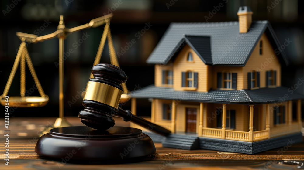 gavel and small model house on wooden table symbolize relationship between law and real estate. This conveys importance of legal matters in property transactions gavel and small model house on wooden table symbolize relationship between law and real estate. This conveys importance of legal matters in property transactions