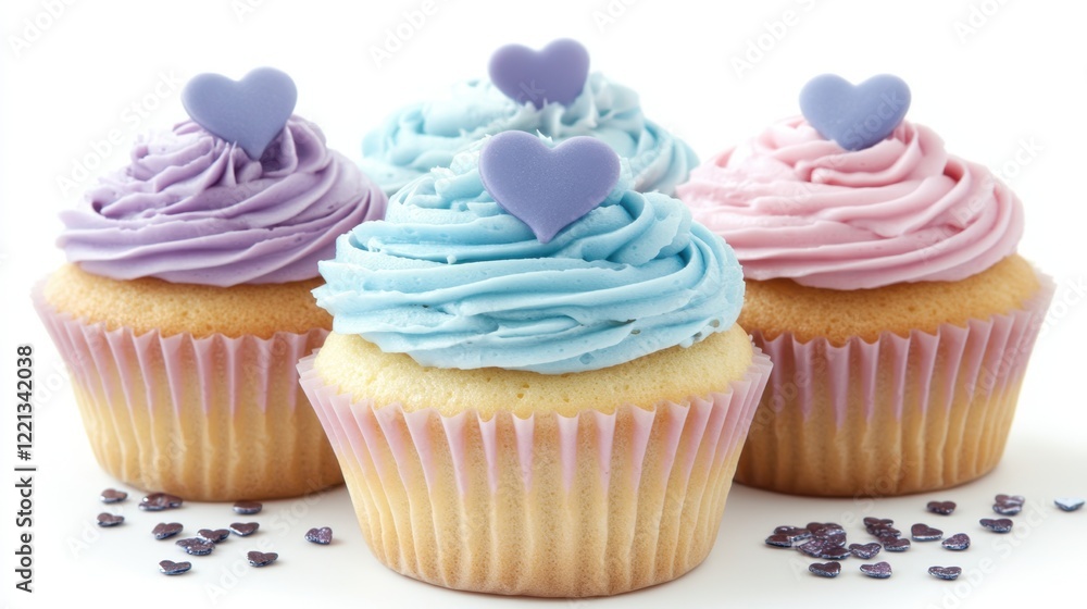 Three delightful cupcakes topped with colorful frosting and heart decorations for Valentine's Day. Three delightful cupcakes topped with colorful frosting and heart decorations for Valentine's Day.