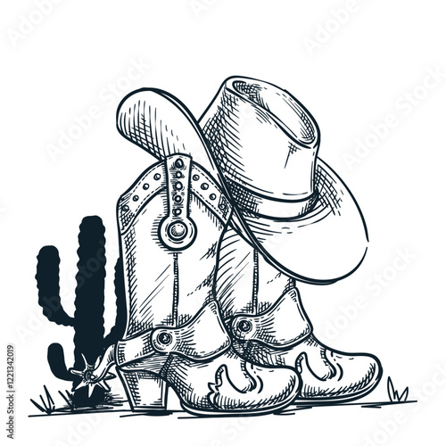 Cowboy boots, western hat, cactus. Wild West vintage print design element. Vector hand drawn sketch illustration