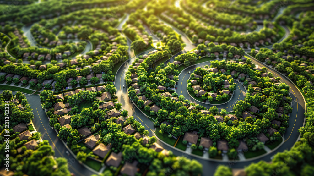 Golden hour shot of suburban neighborhood with winding roads and lush greenery, showcasing peaceful and harmonious community Golden hour shot of suburban neighborhood with winding roads and lush greenery, showcasing peaceful and harmonious community