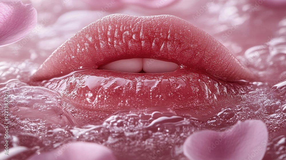 Fototapeta premium Close-Up View of Glossy Lips Surrounded by Soft Petals and Bubbles