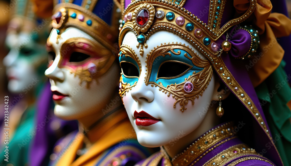 Fototapeta premium Artistic Mardi Gras mask showcasing elaborate decorations and a playful spirit of the carnival, capturing the essence of festive celebrations and cultural traditions.