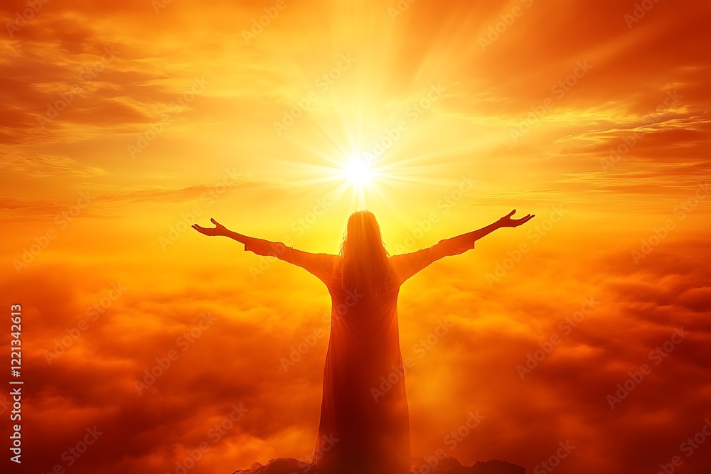 A Woman with Arms Open Wide Standing at the Peak of a Mountain. A Woman with Arms Open Wide Standing at the Peak of a Mountain.