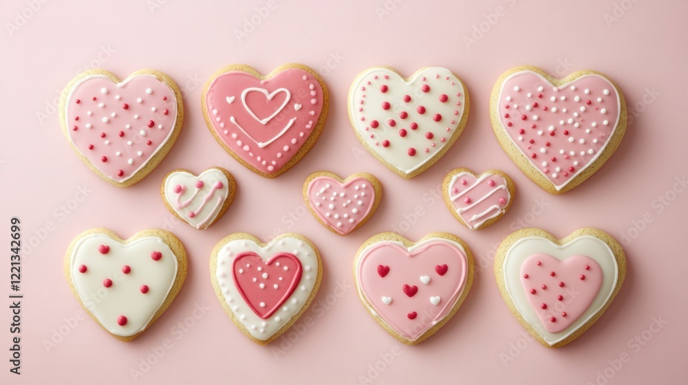 A dozen beautifully decorated cookies arranged on a pink surface for Valentine's Day celebration. A dozen beautifully decorated cookies arranged on a pink surface for Valentine's Day celebration.
