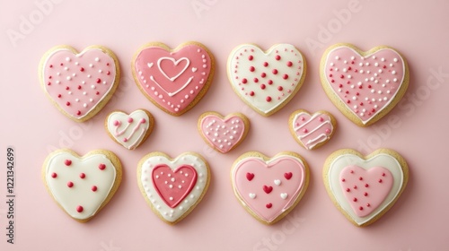 A dozen beautifully decorated cookies arranged on a pink surface for Valentine's Day celebration. photo