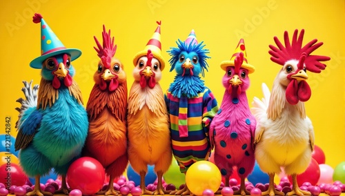 Wallpaper Mural Colorful chickens wearing party hats celebrating with balloons and candy Torontodigital.ca