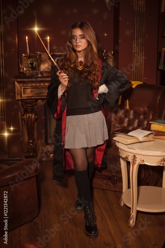 Quadro su tela girl witch in glasses holds magic wand and magic book Cosplay