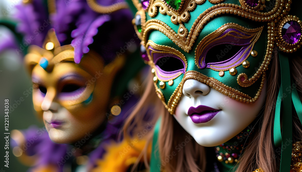 Fototapeta premium Intricate details of Mardi Gras decorations, featuring colorful beads and elegant textures, capturing the lively essence of carnival festivities.