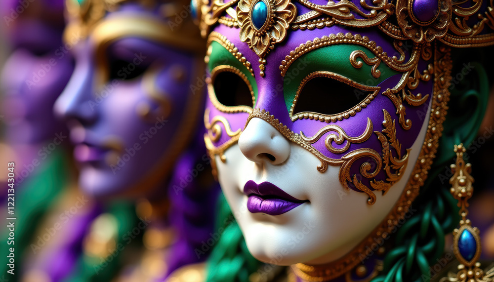 Elegant close-up of Mardi Gras embellishments, highlighting vibrant colors and intricate designs that capture the joyful spirit of carnival. Elegant close-up of Mardi Gras embellishments, highlighting vibrant colors and intricate designs that capture the joyful spirit of carnival.