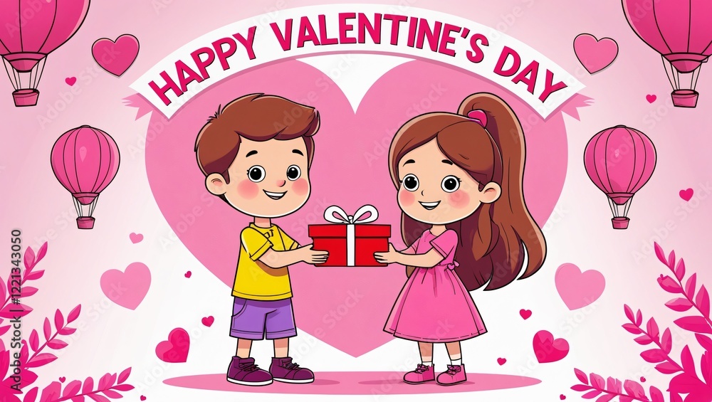 Cartoon Couple Exchanging Gift Box with Hot Air Balloons, Happy Valentines Day, Generative AI. Cartoon Couple Exchanging Gift Box with Hot Air Balloons, Happy Valentines Day, Generative AI.