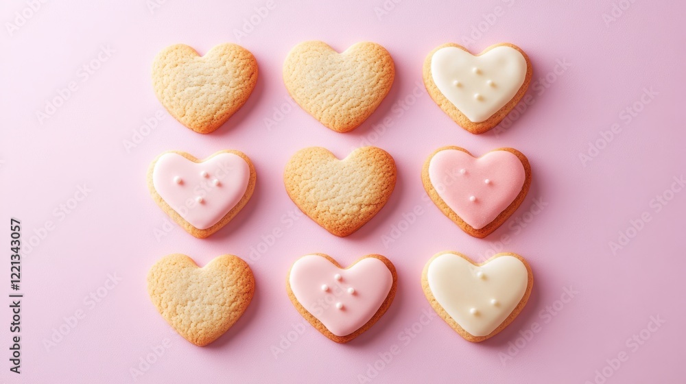 Fototapeta premium A dozen heart-shaped cookies beautifully arranged on a pink surface, perfect for Valentine's Day celebrations.