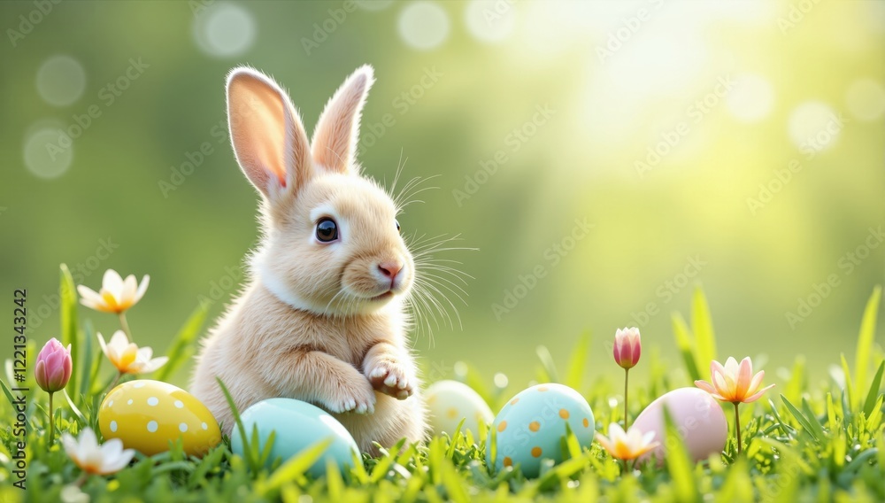 Fototapeta premium Cute easter bunny sitting in grass with colorful eggs and flowers