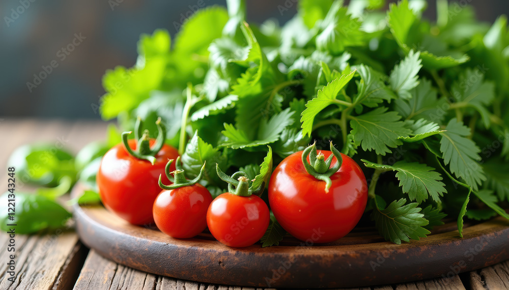 Colorful salad featuring fresh greens and ripe tomatoes in a wooden bowl, showcasing nutrition and flavor in a visually appealing presentation for healthy eating. Colorful salad featuring fresh greens and ripe tomatoes in a wooden bowl, showcasing nutrition and flavor in a visually appealing presentation for healthy eating.