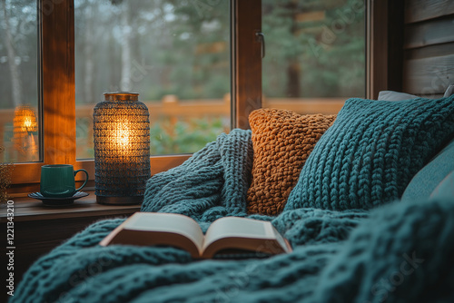 Photo d'un coin lecture cosy avec plaid, livre ouvert et source de lumière, ambiance cocooning hivernale et chaleureuse photo